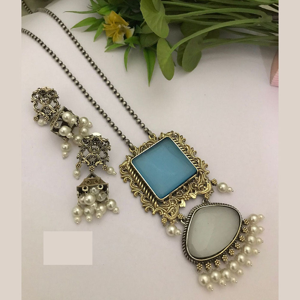 FS Collection Royal Monalisa Stone And Pearl Long  Necklace Set For Weddings And Parties