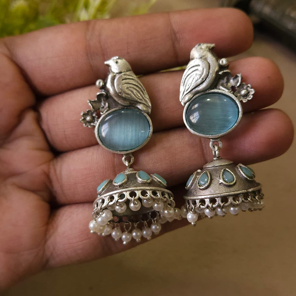FS Collection Classic Oxidised Plated Monalisa Stone Work Jhumki Earrings