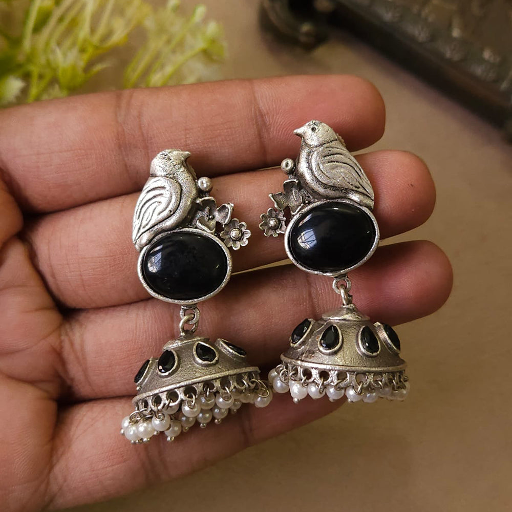 FS Collection Classic Oxidised Plated Monalisa Stone Work Jhumki Earrings