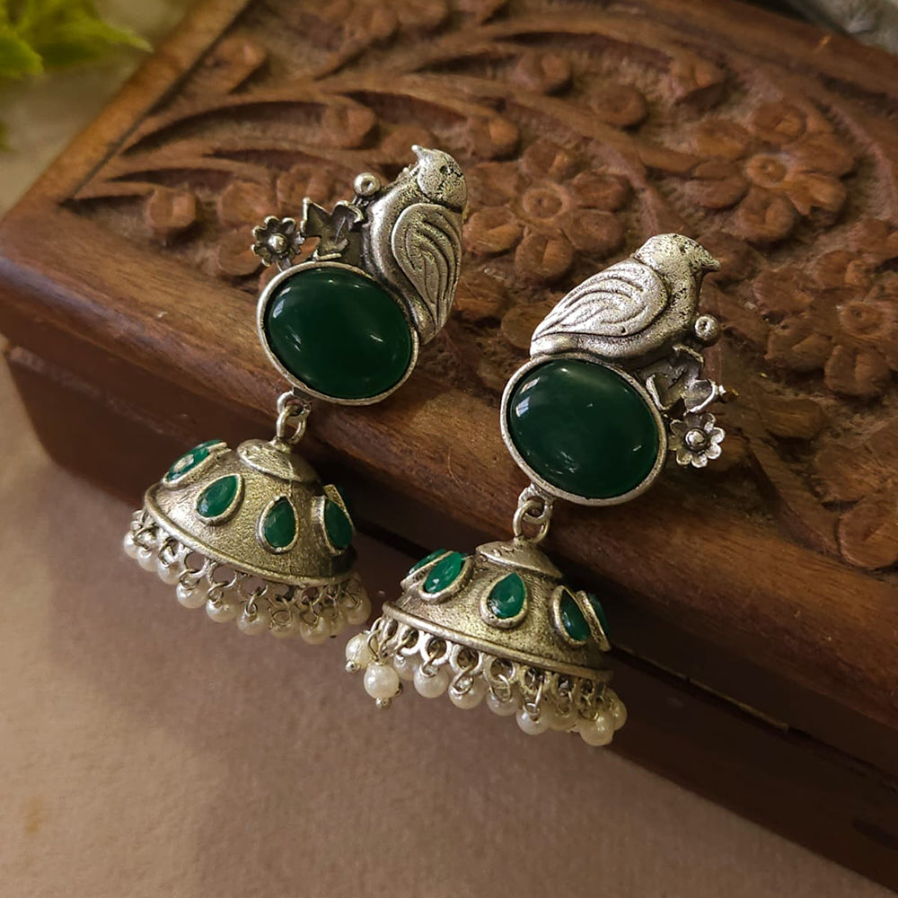 FS Collection Classic Oxidised Plated Monalisa Stone Work Jhumki Earrings