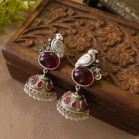 FS Collection Classic Oxidised Plated Monalisa Stone Work Jhumki Earrings