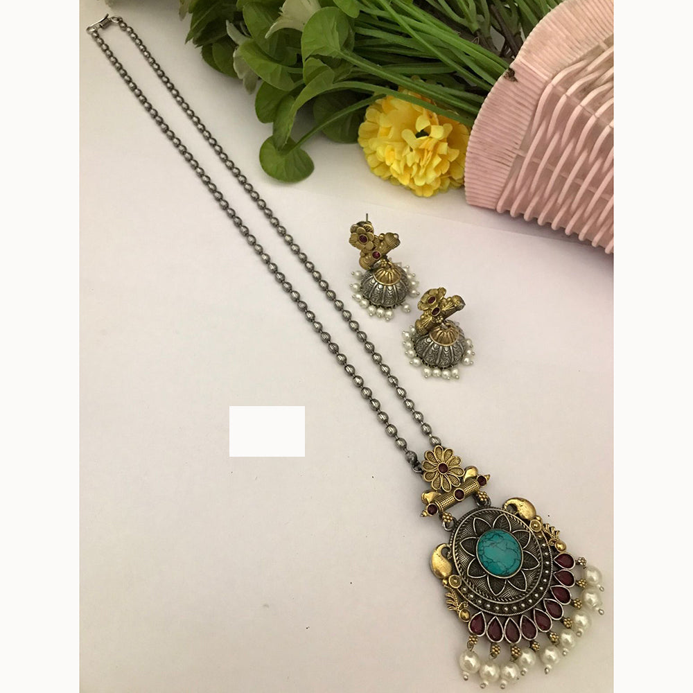 FS Collection Trendy 2 Tone Oxidised Plated Long Pendent Necklace Set Perfect For Navratri Festival