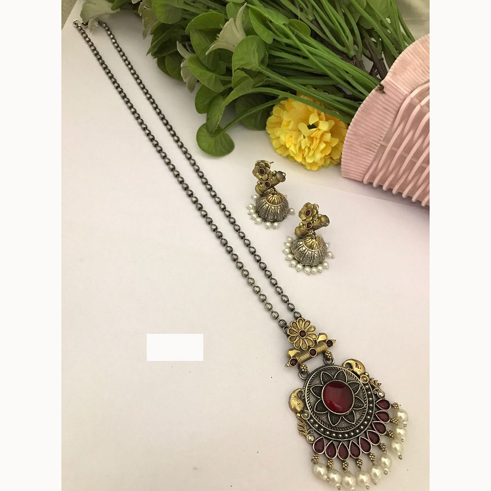 FS Collection Trendy 2 Tone Oxidised Plated Long Pendent Necklace Set Perfect For Navratri Festival