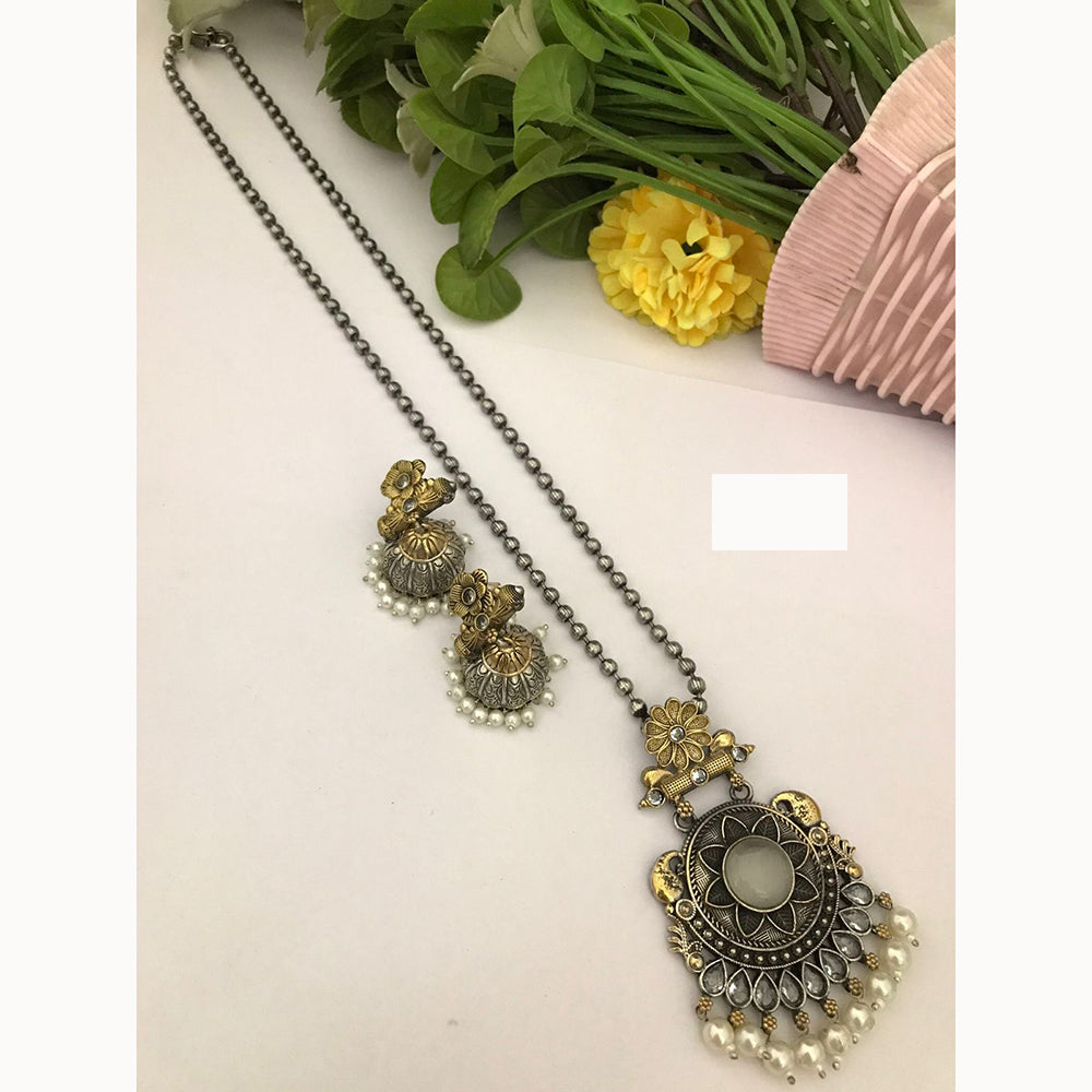 FS Collection Trendy 2 Tone Oxidised Plated Long Pendent Necklace Set Perfect For Navratri Festival