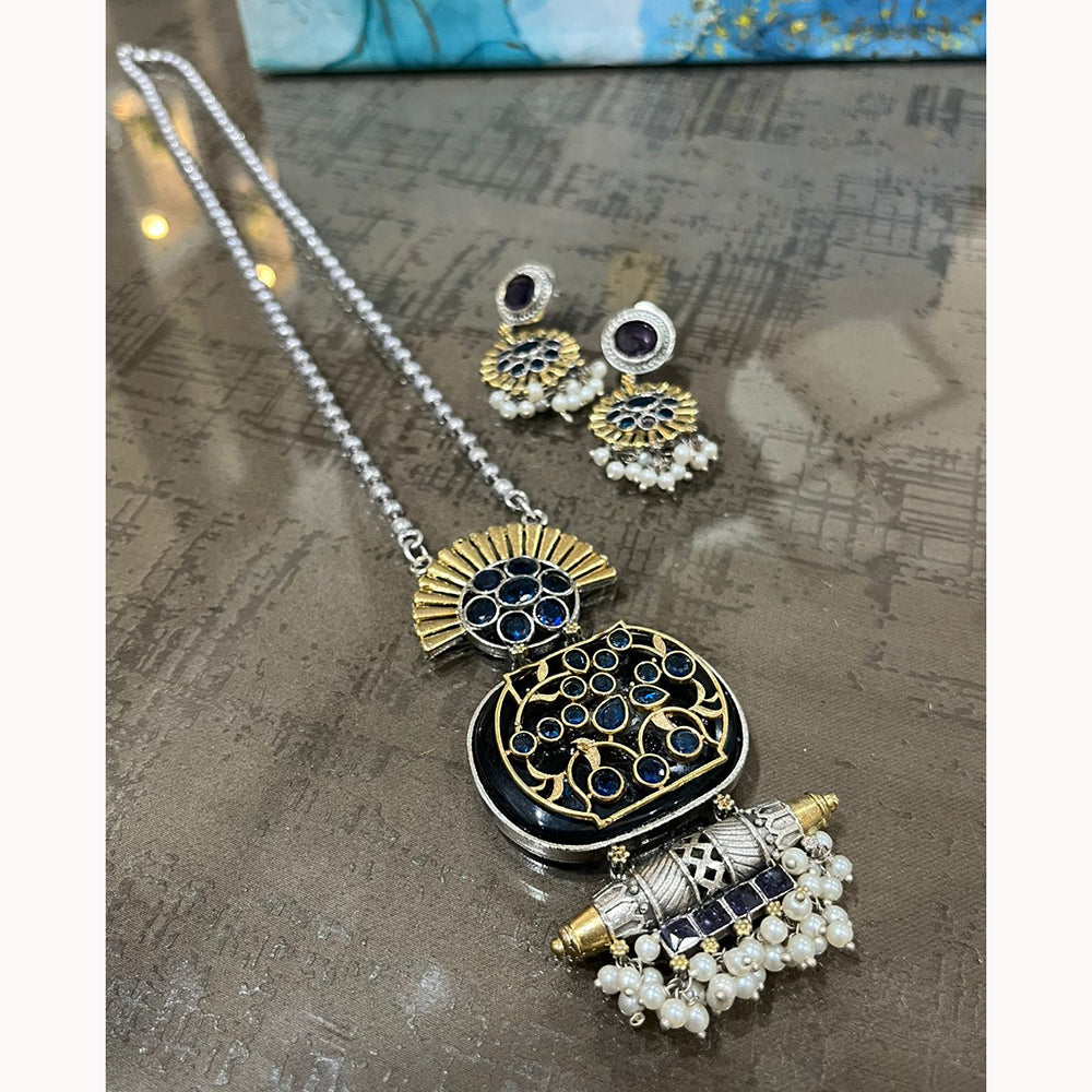 FS Collection Trendy 2 Tone Oxidised Plated Long Pendent Necklace Set Perfect For Navratri Festival