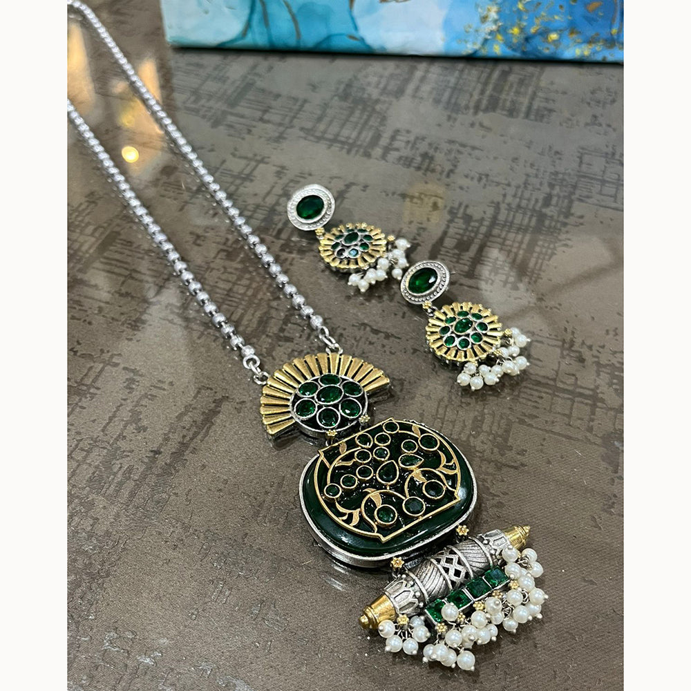 FS Collection Trendy 2 Tone Oxidised Plated Long Pendent Necklace Set Perfect For Navratri Festival