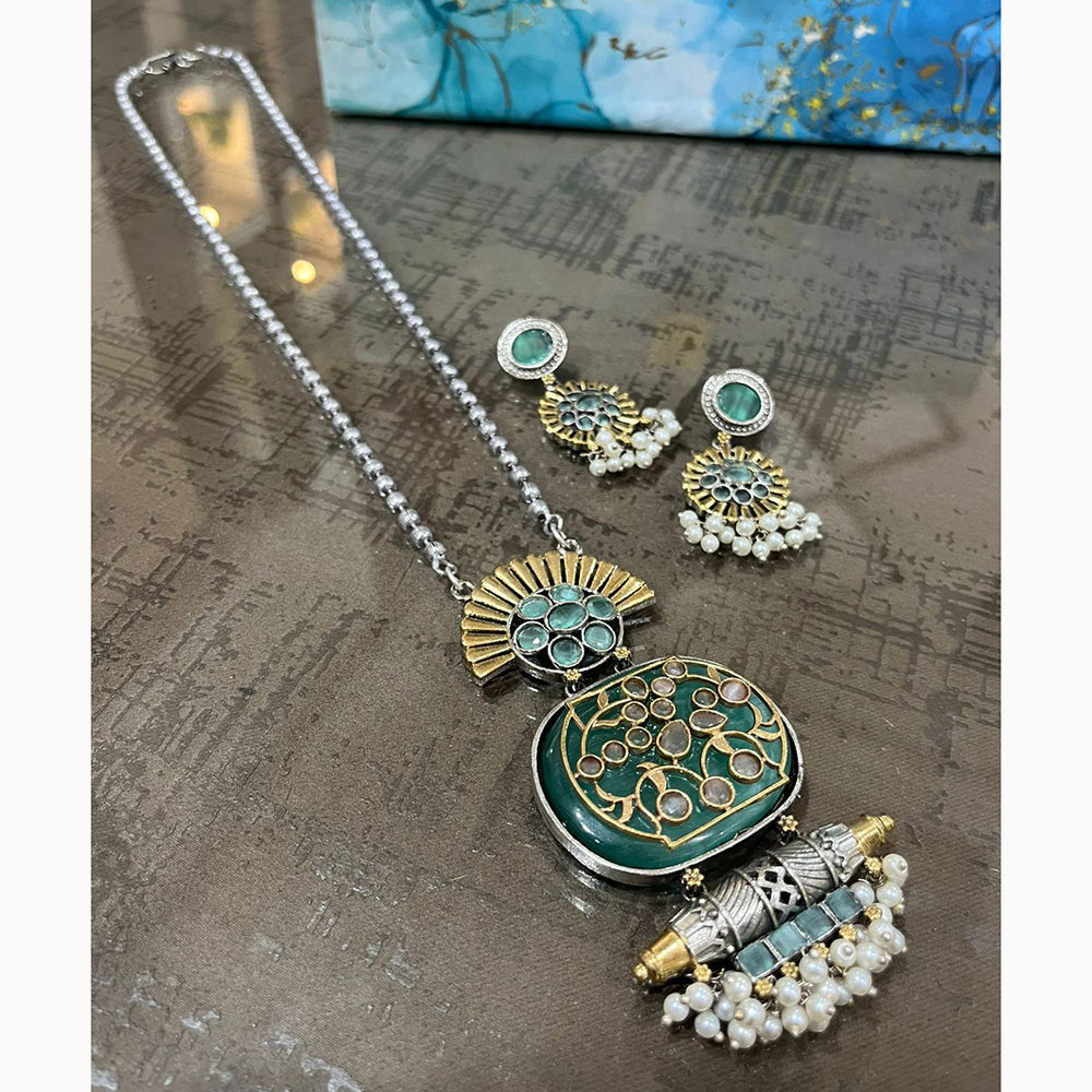 FS Collection Trendy 2 Tone Oxidised Plated Long Pendent Necklace Set Perfect For Navratri Festival