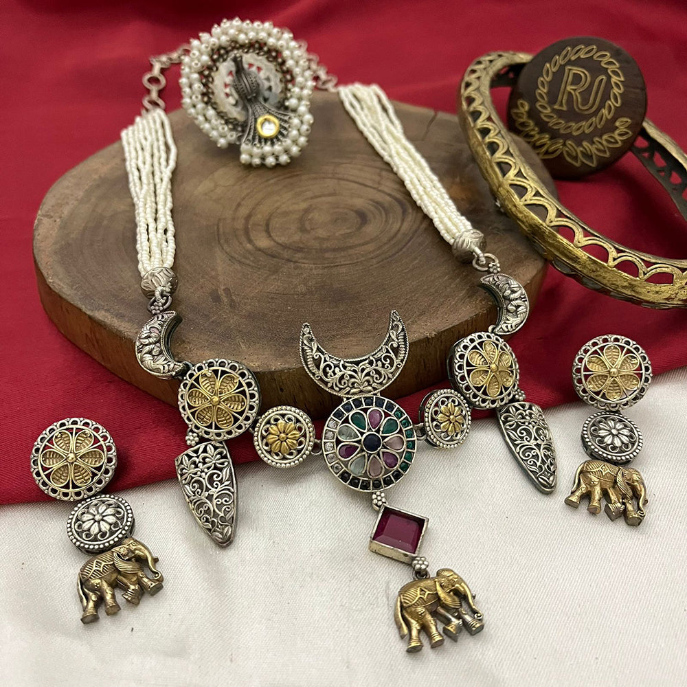 FS Collection Traditional Oxidised 2 Tone Long Necklace set with pota stone work