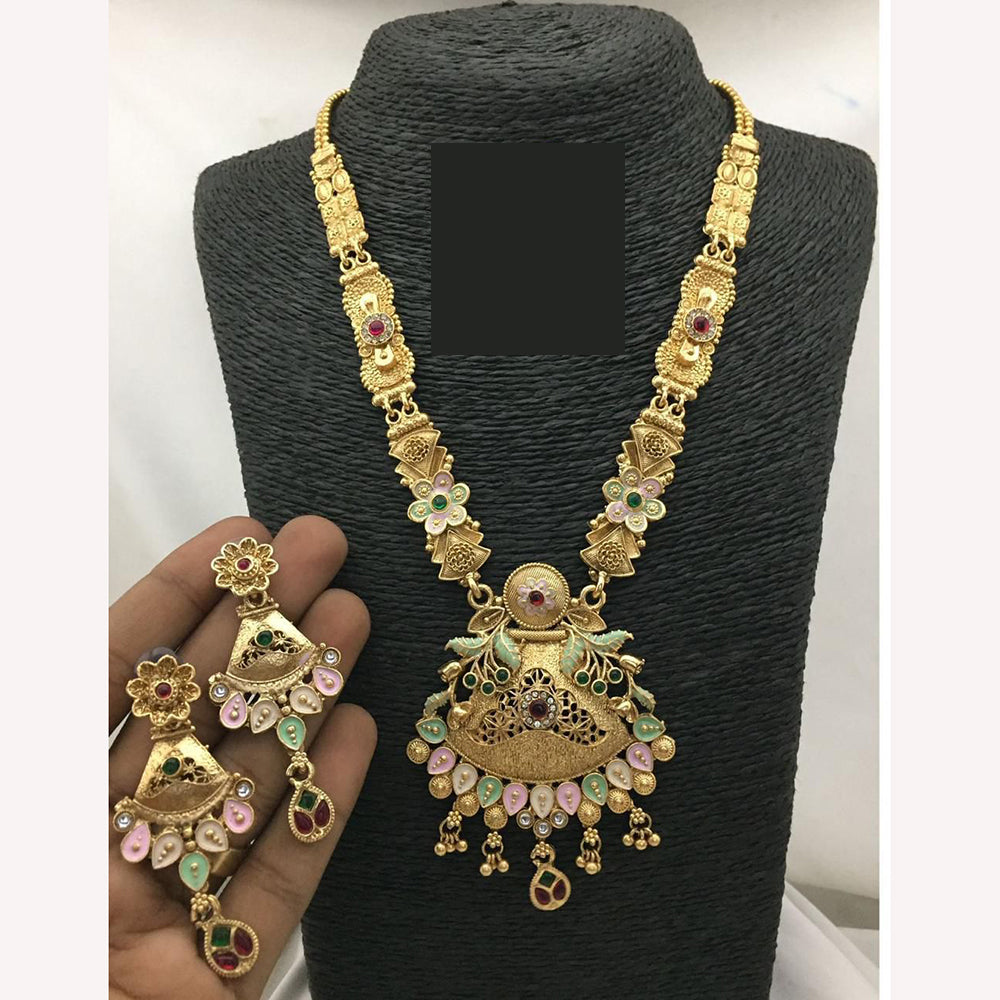 FS Collections Ethnic Meenakari Work Long Necklace Set with Pota and Pearls For Wedding