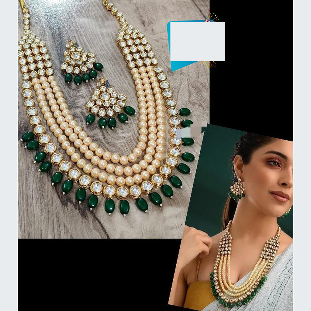 FS Collection Grand Kundan Stone Beaded Multi Layer Necklace Set