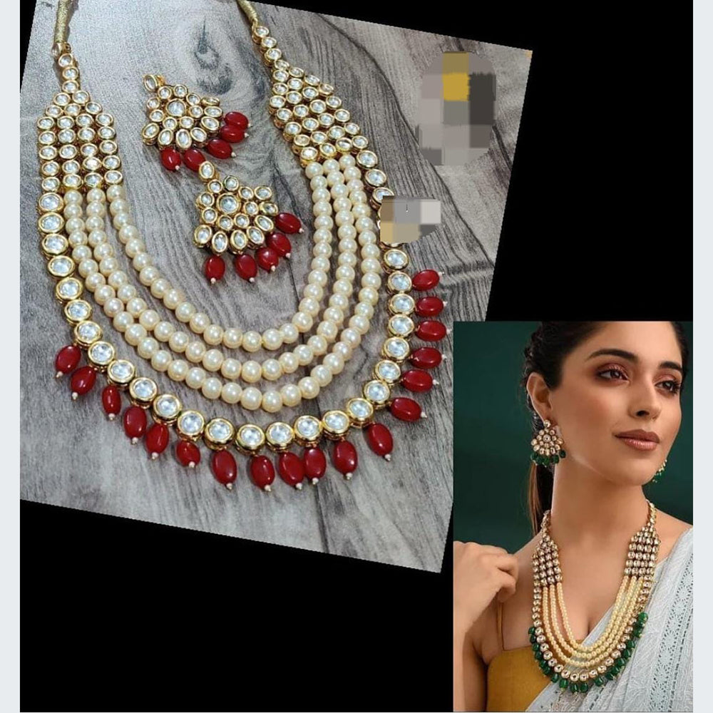 FS Collection Grand Kundan Stone Beaded Multi Layer Necklace Set