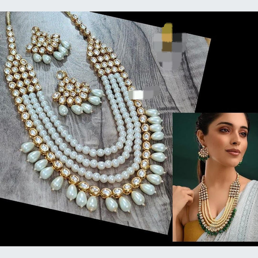 FS Collection Grand Kundan Stone Beaded Multi Layer Necklace Set