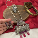 FS Collection Vintage Look Oxidised Pota Stone And Pearl Long Necklace Set