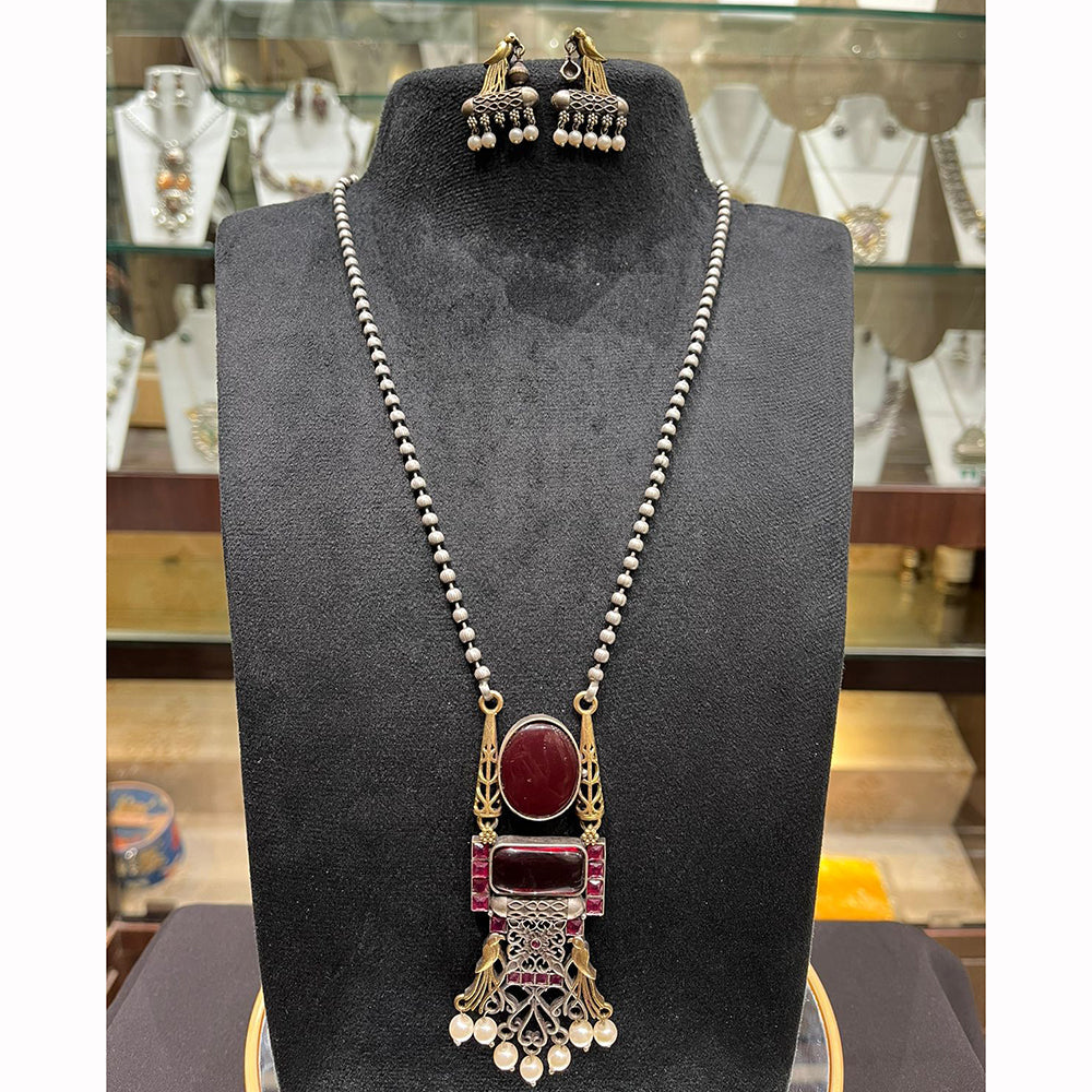 FS Collection Royal 2 Tone Pota Stone And Pearl Long Necklace Set