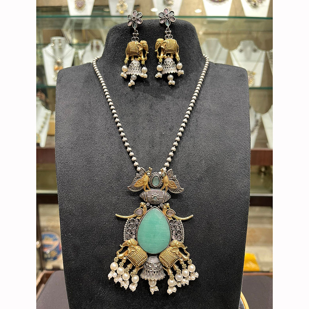 FS Collection Royal 2 Tone Pota Stone And Pearl Long Necklace Set