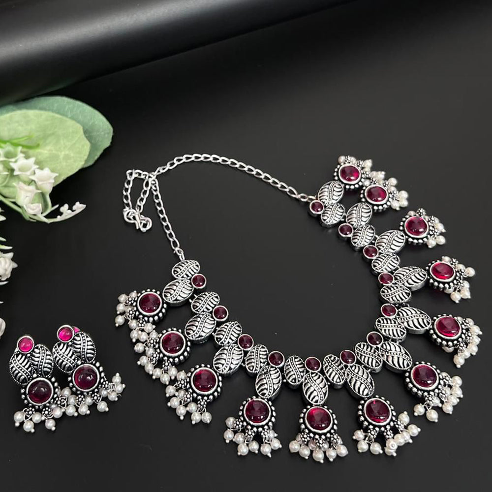 FS Collection Royal Oxidised Plated Pota Stone And Pearl Necklace Set