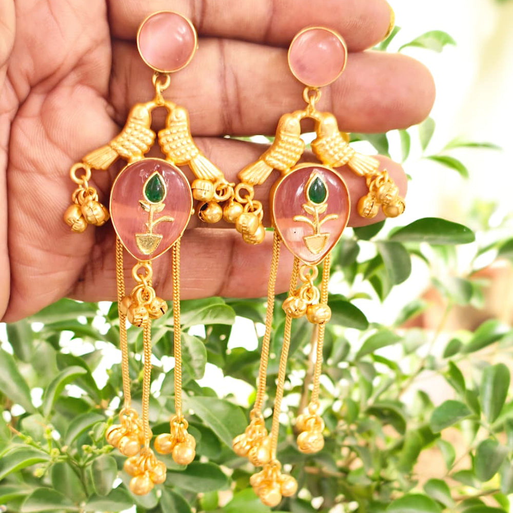 FS Collection Elegant Pota Stone And Ghungroo Long Dangler Earrings