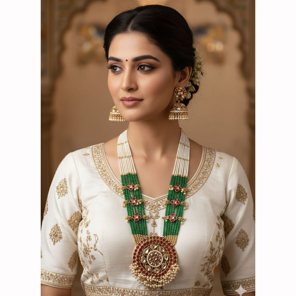 FS Collection Heritage Kundan Stone And Pearl Long Necklace Set