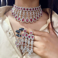 FS Collection Glam American Diamond Shine Choker Necklace Set