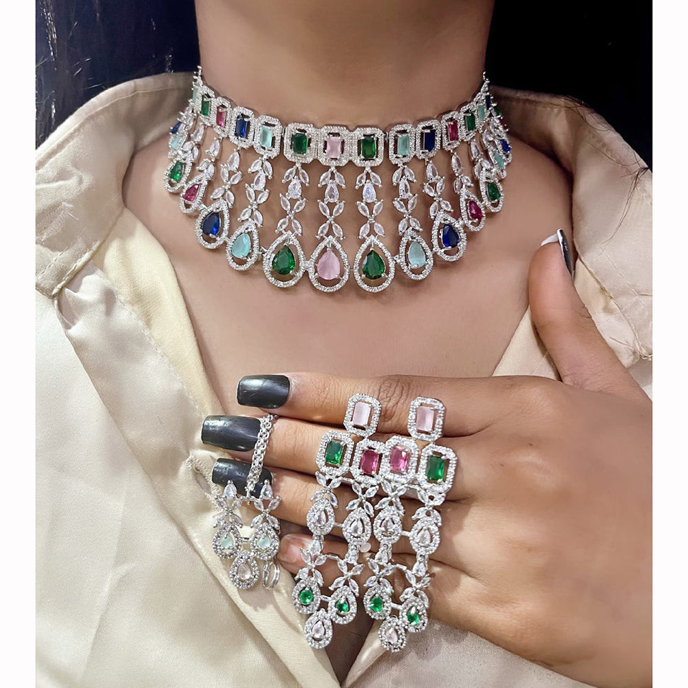 FS Collection Glam American Diamond Shine Choker Necklace Set