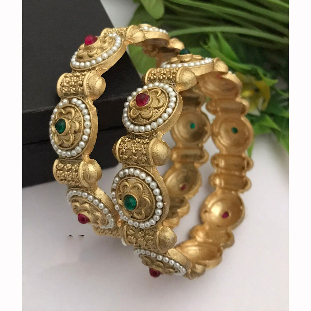 FS Collection Heritage Pota Stone And Pearl Embellished Bangles Set