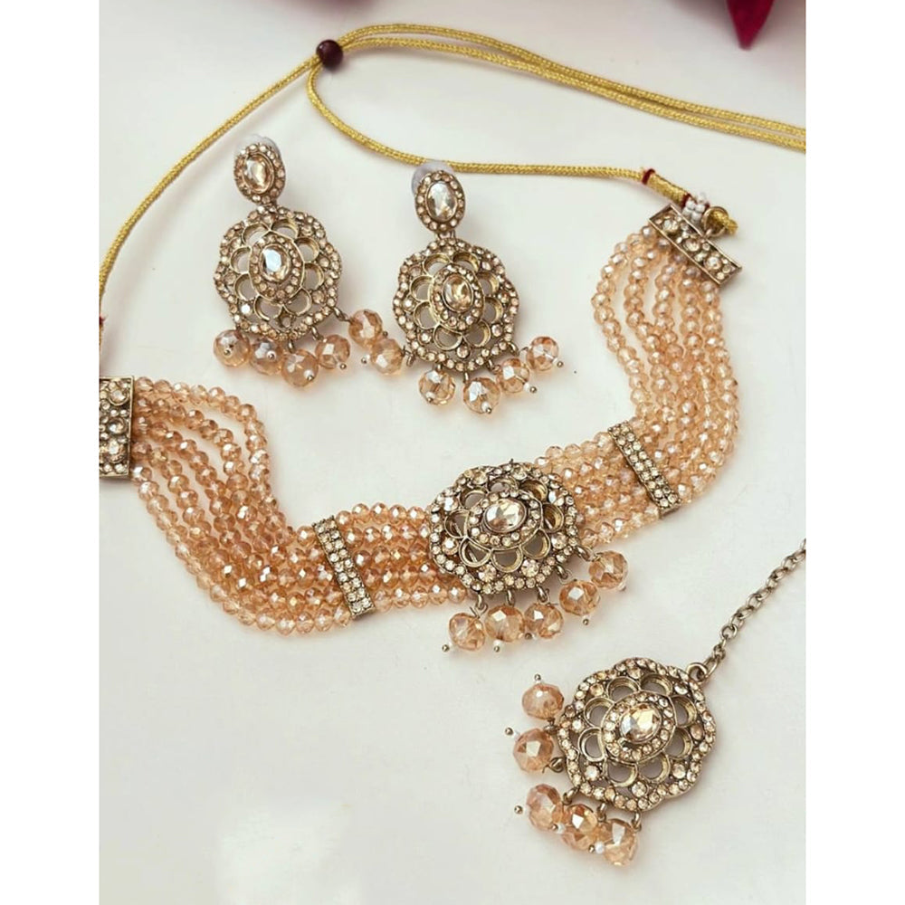 FS Collection Trendy Crystal And Pearl Statement Choker Necklace Set