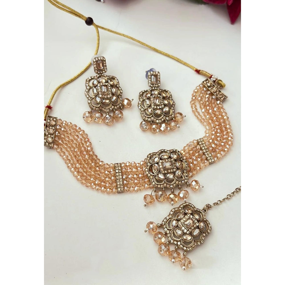 FS Collection Trendy Crystal And Pearl Statement Choker Necklace Set