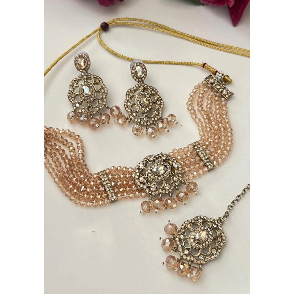 FS Collection Trendy Crystal And Pearl Statement Choker Necklace Set