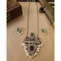 FS Collection Stylish Oxidised Plated Pota Stone And Pearl Long Necklace Set 