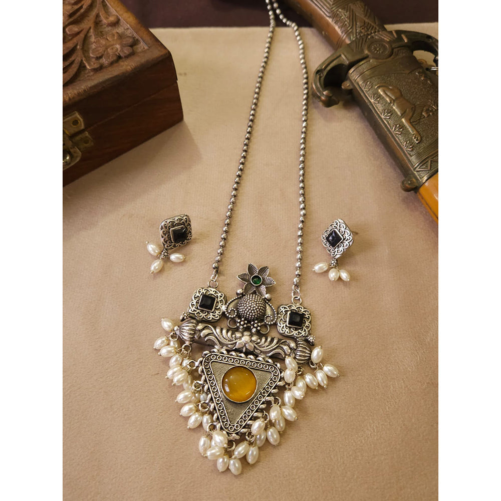 FS Collection Stylish Oxidised Plated Pota Stone And Pearl Long Necklace Set