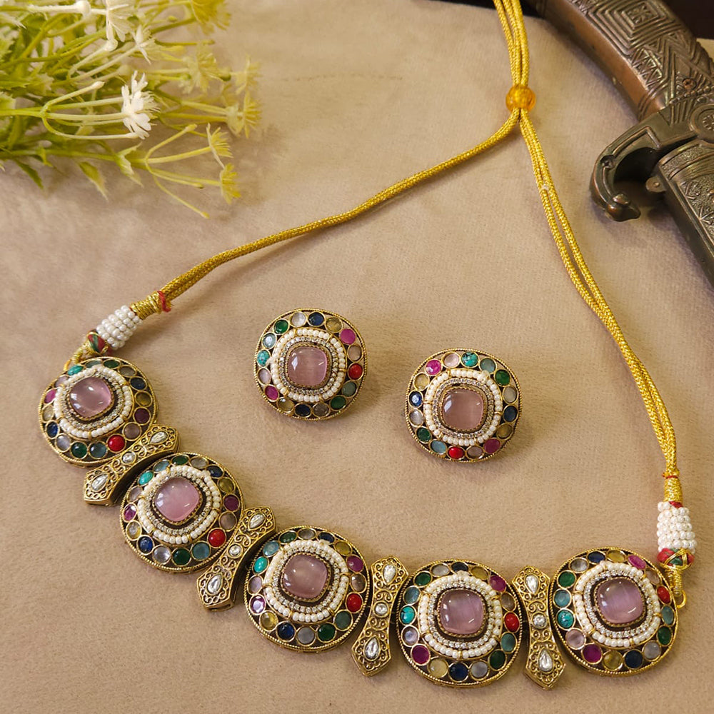 FS Collection Trendy Pota Stone And Pearl Choker Necklace Set