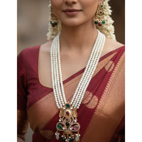 FS Collection Designer Kundan Stone And Pearl Long Necklace Set
