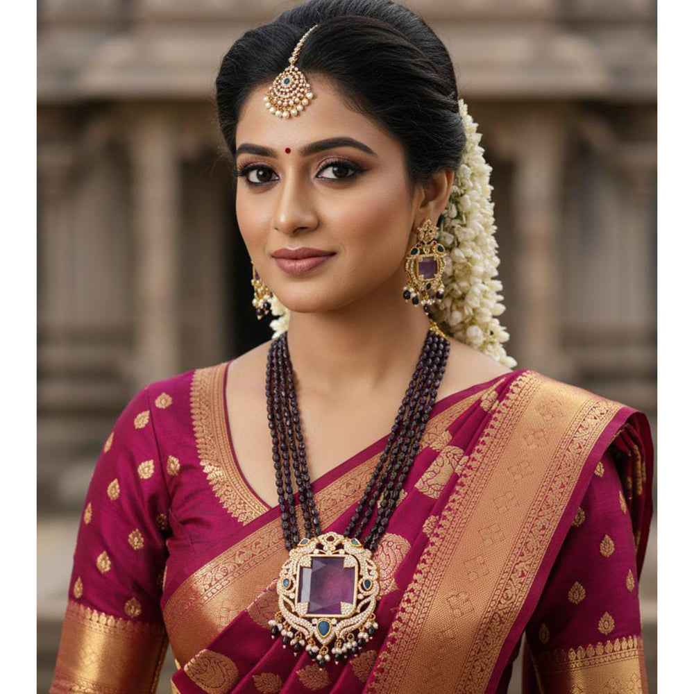 FS Collection Classic Beaded Pearl & Austrian Stone Long Necklace Set