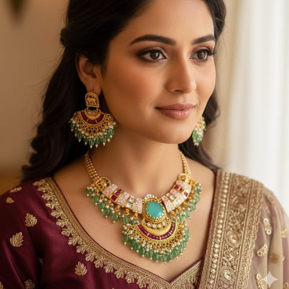 FS Collection Traditional Pota Stone And Meenakari Designer Necklace Set