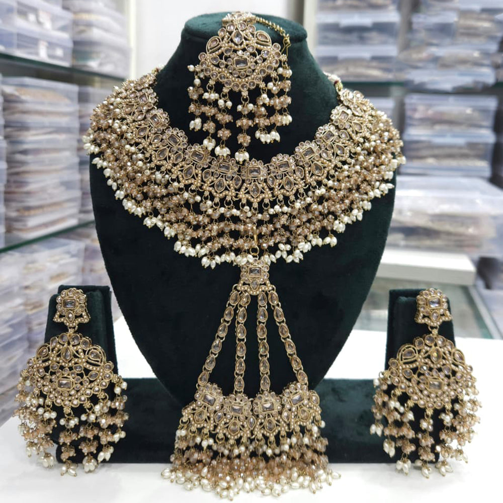 FS Collection Royal Crystal Stone And Pearl Statement Necklace Set