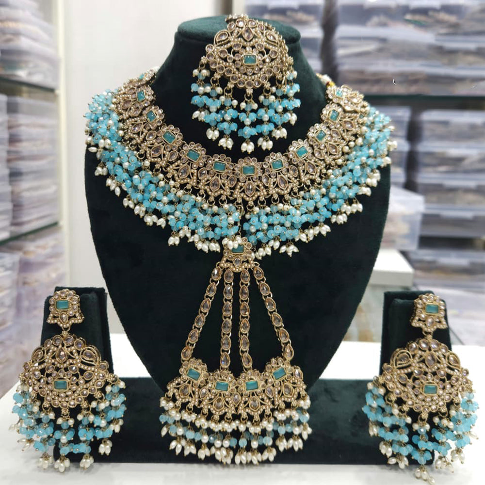 FS Collection Royal Crystal Stone And Pearl Statement Necklace Set