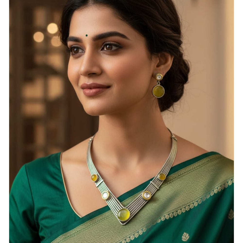 FS Collection Elegant 2-Tone Plated Pota Stone Necklace Set