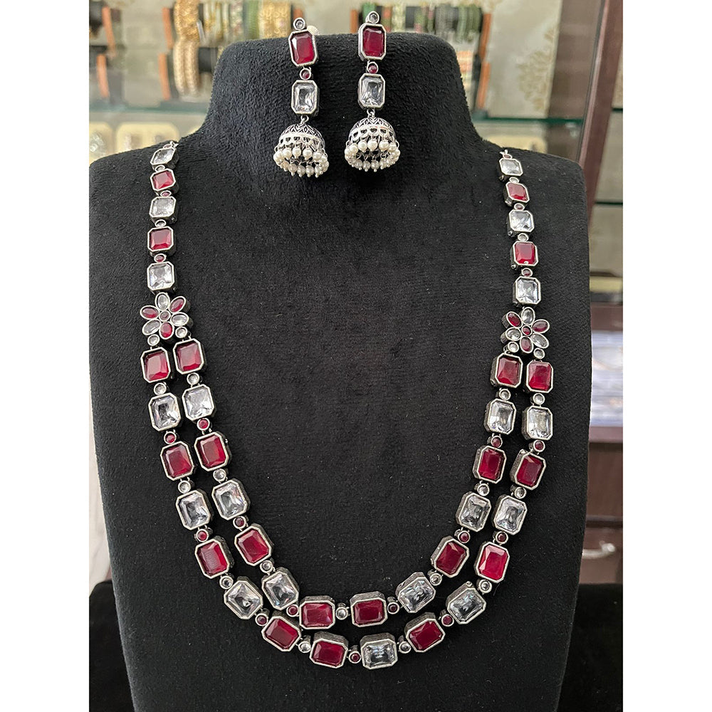 FS Collection Oxidised Royal Pota Stone And Pearl Statement Necklace Set