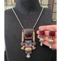 FS Collection Elegant 2-Tone Plated Pota Stone And Pearl Necklace Set