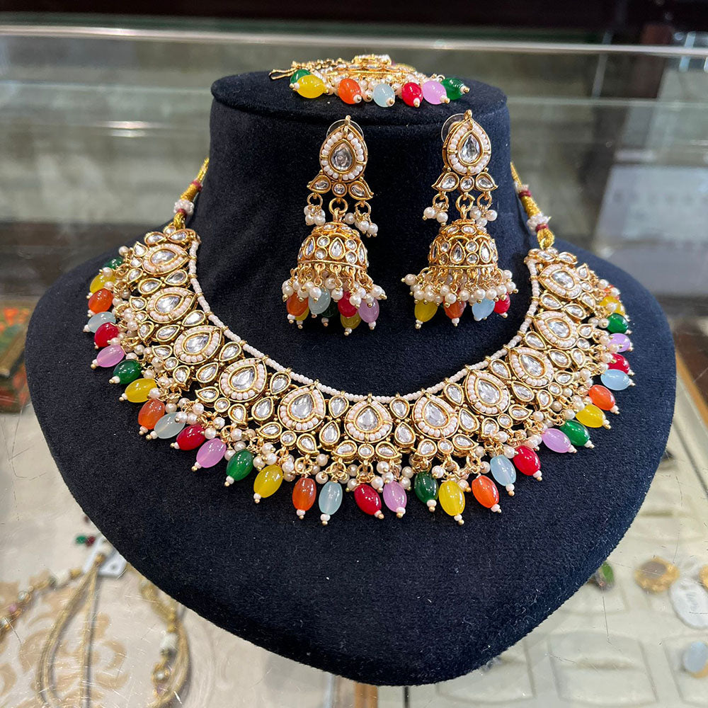 FS Collection Ethnic Kundan Pearl And Beads Statement Necklace Set 