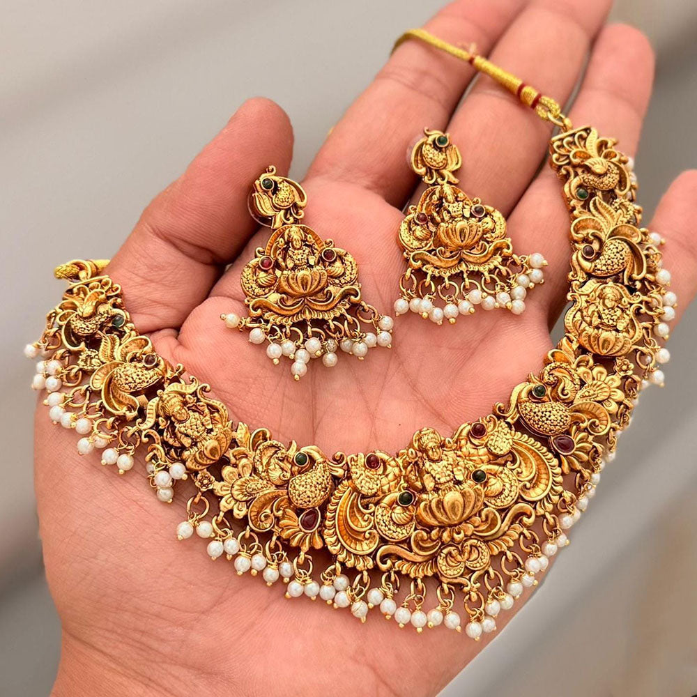 FS Collection Pota Stone And Pearl Temple Designer Necklace Set