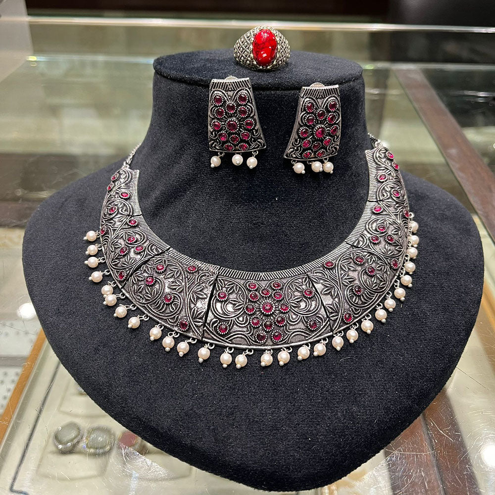 FS Collection Vintage Style Oxidised Pota Stone And Pearl Necklace Set