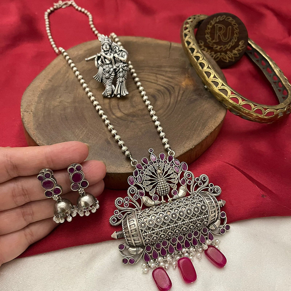 FS Collection Royal Oxidised Plated Pota Stone And Beads Long Necklace Set