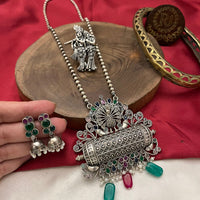 FS Collection Royal Oxidised Plated Pota Stone And Beads Long Necklace Set