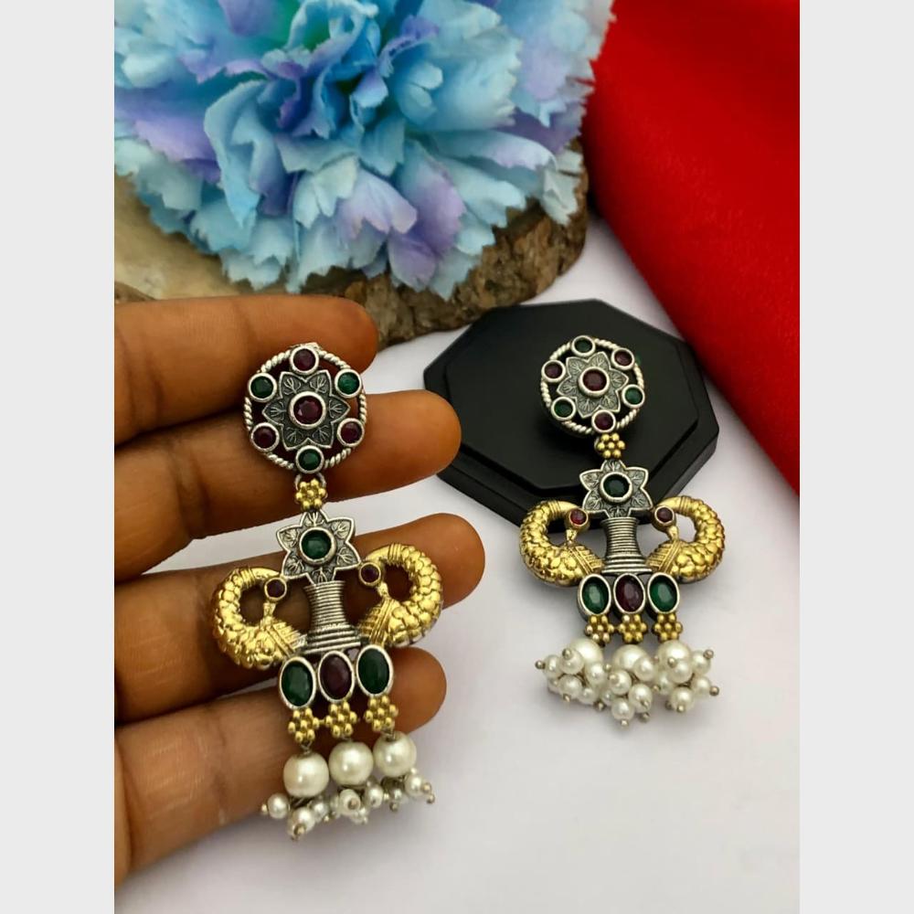 FS Collection 2 Tone Plated Pota Stone And Pearl Dangler Earrings