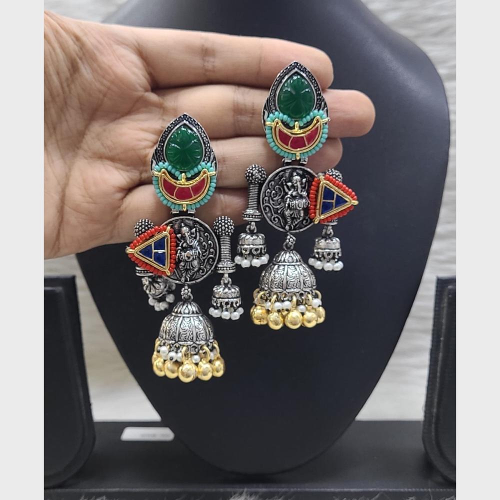 FS Collection 2 Tone Plated Pota Stone And Pearl Jhumki Earrings