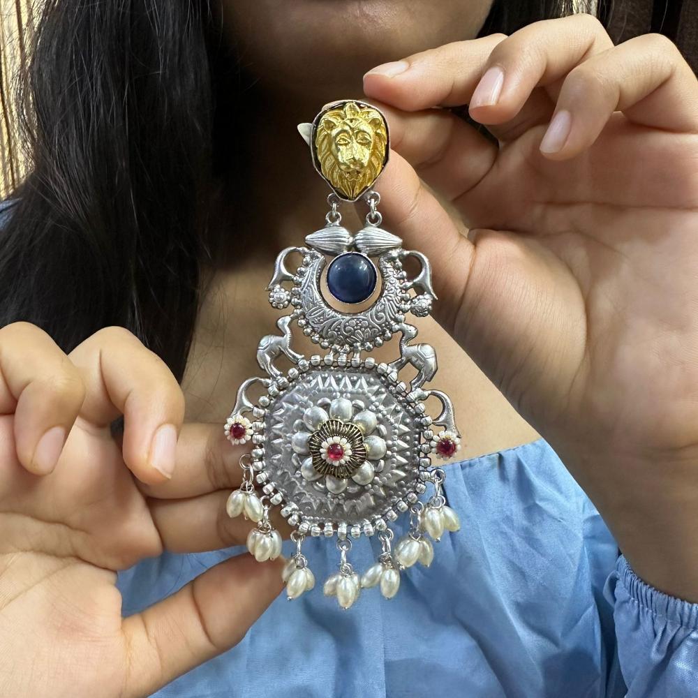 FS Collection 2 Tone Plated Pota Stone And Pearl Dangler Earrings