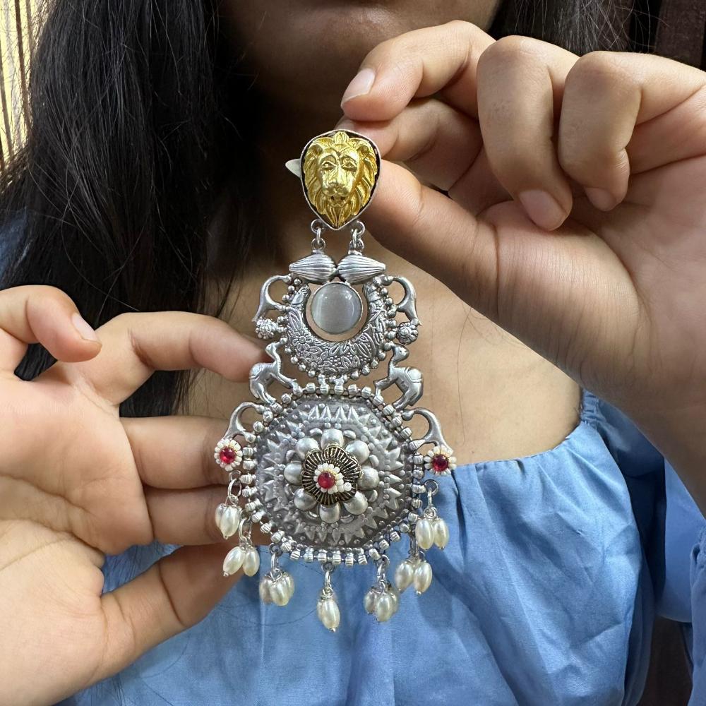 FS Collection 2 Tone Plated Pota Stone And Pearl Dangler Earrings