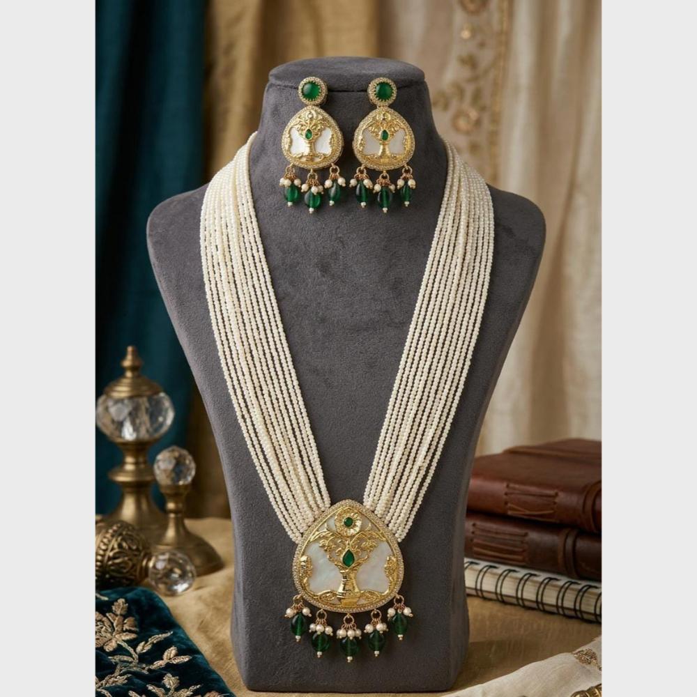 FS Collection Sparkling Pota Stone And Multi Layer Pearl Long Necklace Set