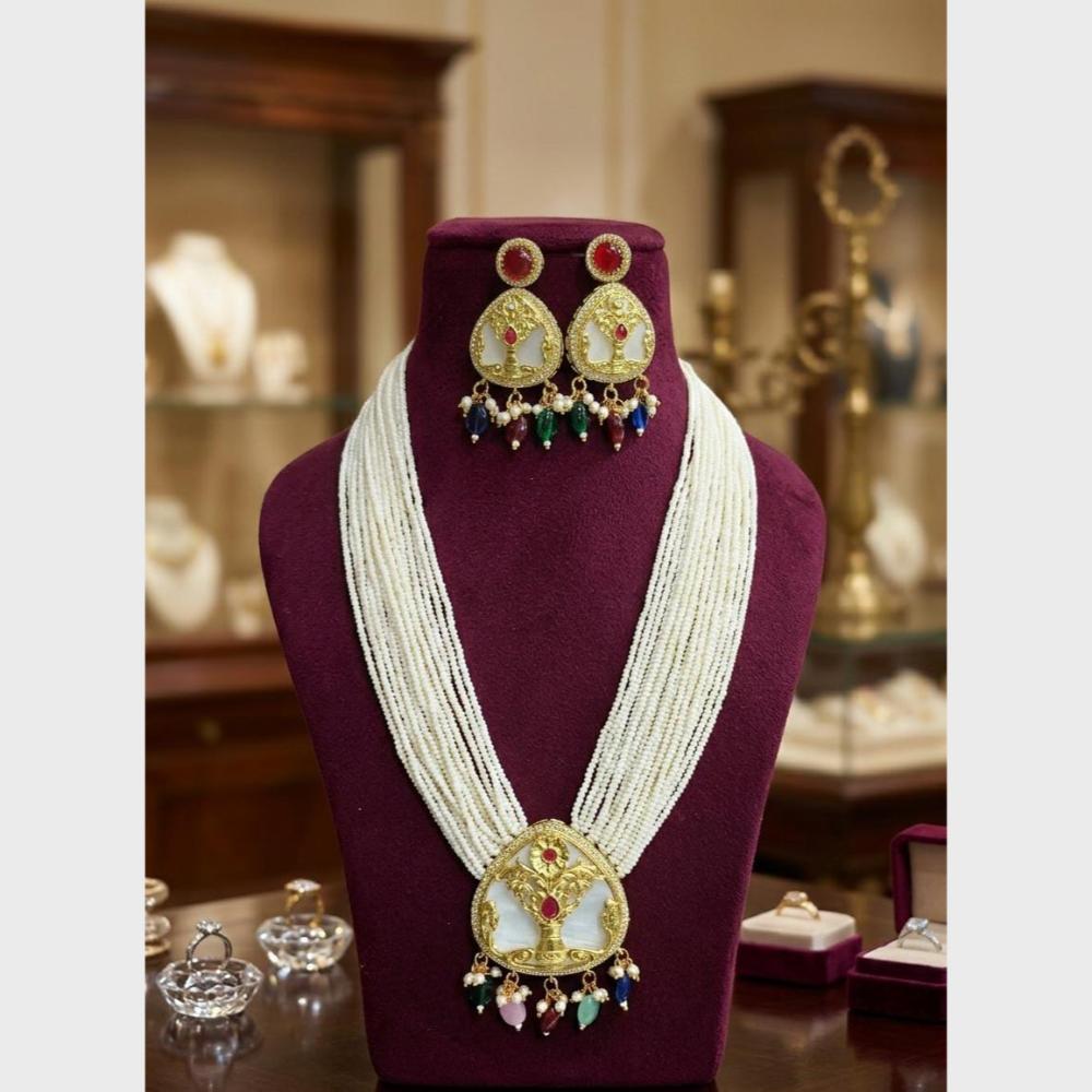 FS Collection Sparkling Pota Stone And Multi Layer Pearl Long Necklace Set